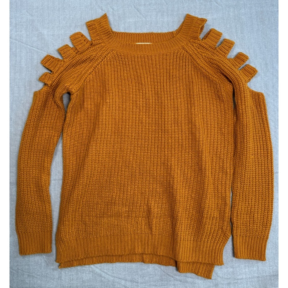 Questions? Womens S Mustard Chunky Knit Cold Shoulder Ruffle Sweater Pullover